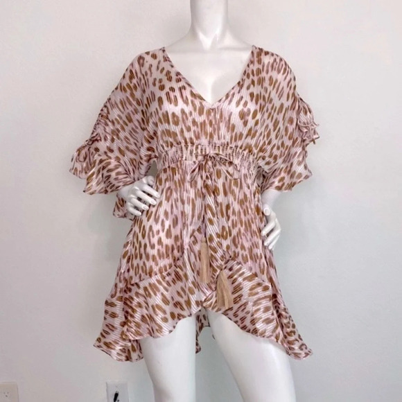 Venus Brown Metallic Cheetah Print V-Neck 3/4 Sleeves Kimono Coverup Top Size XS - Picture 3 of 13
